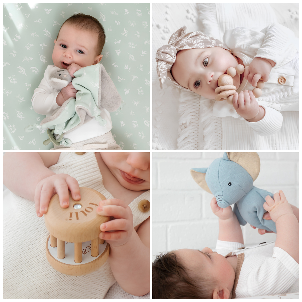 A four-panel collage showing a baby interacting with soft baby products: a Living Textiles koala security blanket, a My Little Giggles wooden teething ring, a Living Textiles blue plush linen elephant toy, and a Totli rolling rattle.