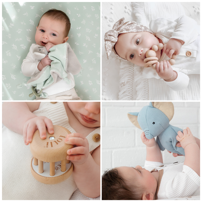 A four-panel collage showing a baby interacting with soft baby products: a Living Textiles koala security blanket, a My Little Giggles wooden teething ring, a Living Textiles blue plush linen elephant toy, and a Totli rolling rattle.
