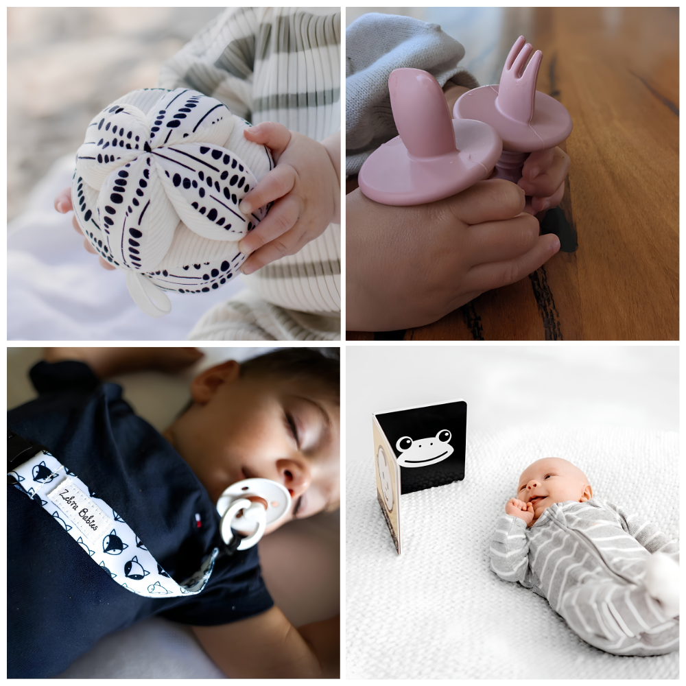 A four-panel collage showing baby accessories in use: a baby's hands holding a Totli organic sensory ball, a pair of hands holding a Montessori Mates baby's first cutlery set, a sleeping baby wearing a navy outfit with a Zebra Babies dummy clip, and a baby lying on a white blanket next to a Mesmerised high contrast board book.
