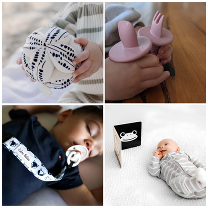 A four-panel collage showing baby accessories in use: a baby's hands holding a Totli organic sensory ball, a pair of hands holding a Montessori Mates baby's first cutlery set, a sleeping baby wearing a navy outfit with a Zebra Babies dummy clip, and a baby lying on a white blanket next to a Mesmerised high contrast board book.