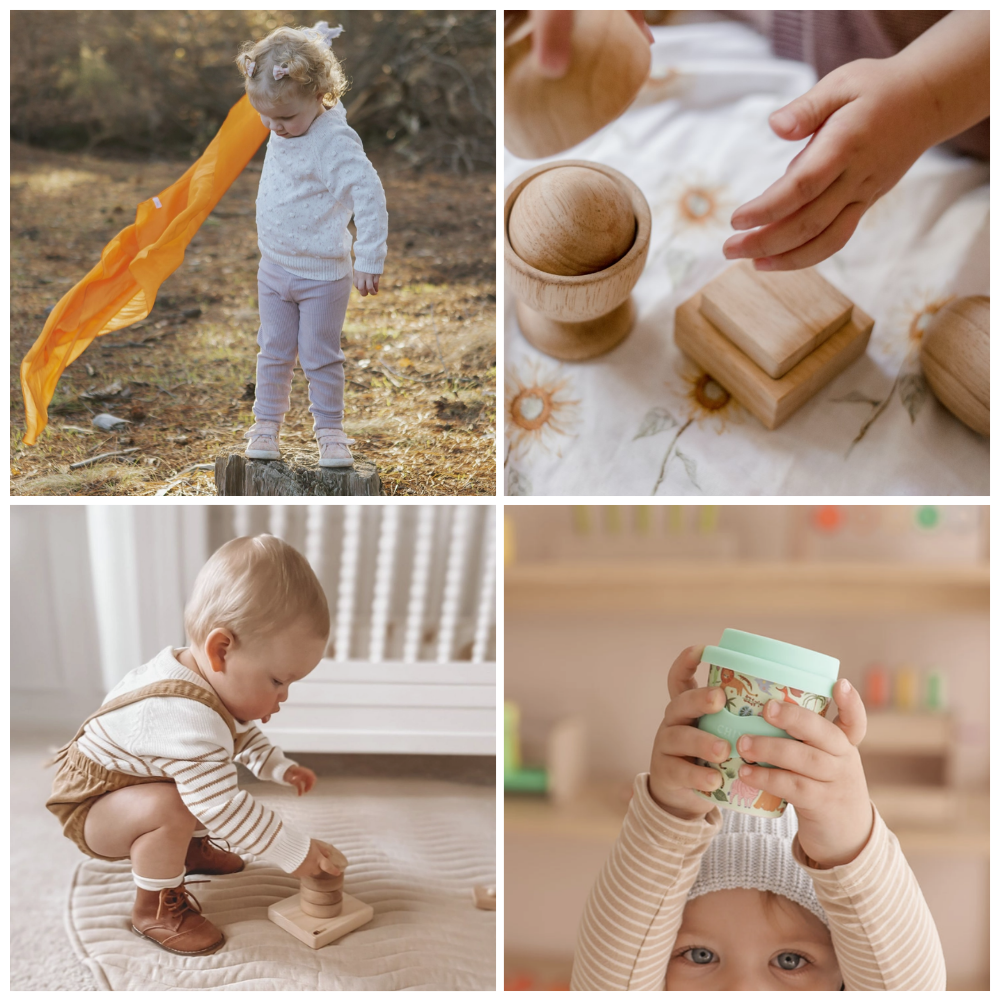 A four-panel collage showing children playing with natural wood toys and accessories in real indoor and outdoor settings. One panel shows a toddler outdoors holding an orange play silk from Play Silkies, another shows hands assembling playing with the Egg, Ball & Cup Set from Q Toys, a third shows a baby stacking rings on the Vertical Ring Stacker from Q Toys, and a fourth shows a child holding a mint-green patterned babychino cup from Chino Club.