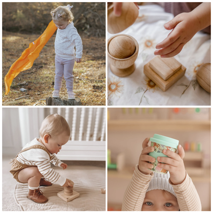 A four-panel collage showing children playing with natural wood toys and accessories in real indoor and outdoor settings. One panel shows a toddler outdoors holding an orange play silk from Play Silkies, another shows hands assembling playing with the Egg, Ball & Cup Set from Q Toys, a third shows a baby stacking rings on the Vertical Ring Stacker from Q Toys, and a fourth shows a child holding a mint-green patterned babychino cup from Chino Club.