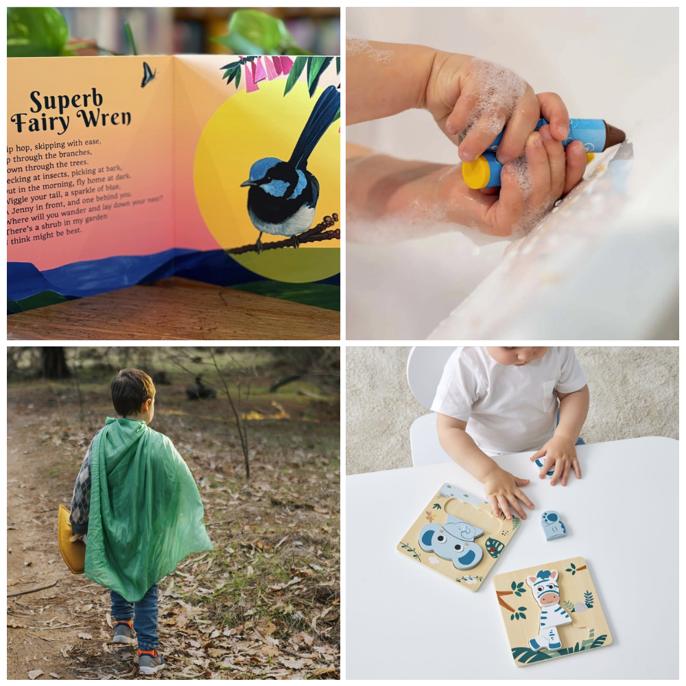 A four-panel collage showcasing items from the 2-3 year scoop order. One panel shows an open illustrated book from Loose Parts Press, the next panel shows a child's hands using bath crayons in the bathtub from Honeysticks, the next panel shows a child wearing a green play silk as a cape from Play Silkies, and the last panel shows an elephant and zebra chunky puzzles from Zookabee being pieced together by a toddler.