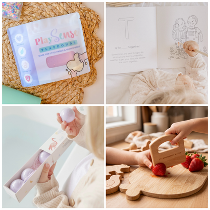 A four-panel collage showing a children's sensory play set: a boxed 'Play Sense Playdough' package on woven matting, an open mindfulness colouring book from Mindful & Co. Kids with a child's hand, pastel magnesium sleep bath bombs from Mindful & Co. Kids in a box being held by a child, and a wooden knife cutting strawberries on a wooden cutting board from Montessori Mates.