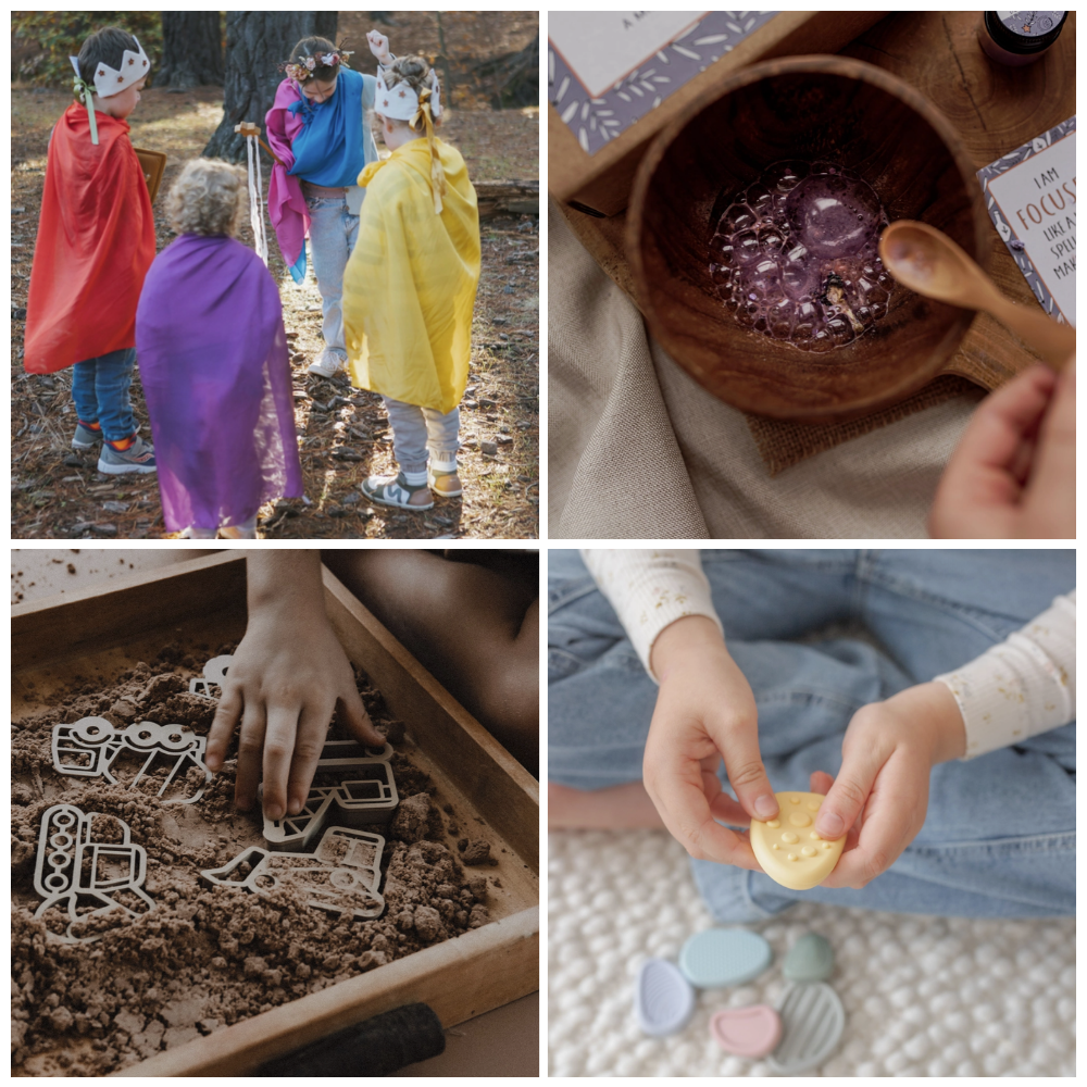 A four-panel collage showing children and hands engaging in playful activities: wearing colorful capes made from play silks from Play Silkies, mixing purple powder in a wooden bowl from a potion kit from The Little Potion Co., playing with cookie/playdough cutters in sand from Kinfolk Pantry, and holding a small worry stone over other pastel worry stones from Mindful & Co. Kids.