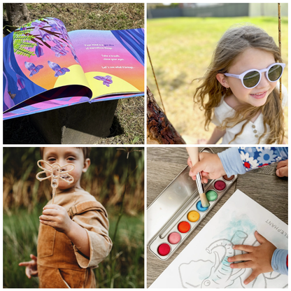 A four-panel collage showing children and outdoor activities: an open colorful book outdoors from Loose Parts Press, a smiling girl wearing white sunglasses from Ombra and Sole in a grassy field, a boy in a brown outfit standing in tall grass blowing bubbles from the eco bubble wand from Kinfolk Pantry, and a close-up of hands using a watercolor paint palette from Honeysticks on paper.