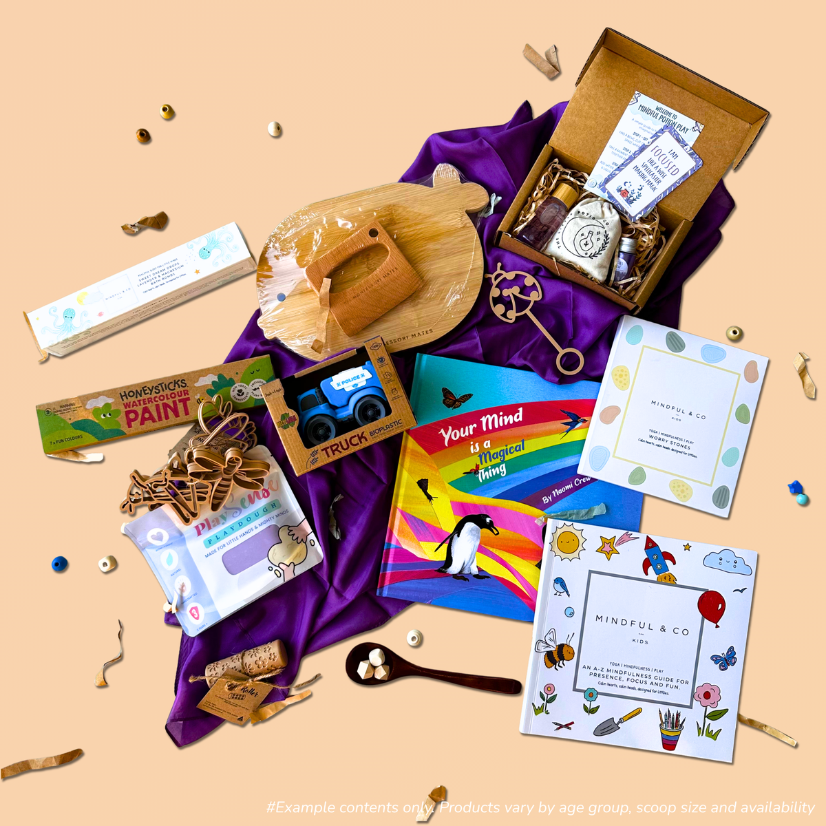 3-5 Year kids curated gift bundle of a 2-scoop order showing eco-friendly playdough, eco-friendly playdough tools from Kinfolk Pantry, story book from Loose Parts Press, potion kit from The Little Potion Co, small bioplastic truck from Jiggle & Giggle, play silk from Play Silkies, Mindful colouring book, worry stones, and magnesium bath bombs from Mindful & Co. Kids, watercolour paints from Honeysticks, wooden knife and cutting board set from Montessori Mates.