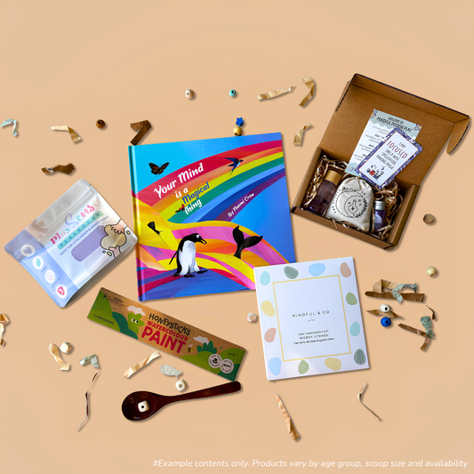 3-5 Year toddler gift set of a 1-scoop order, showing eco-friendly playdough from Play Sense, a story book from Loose Parts Press, a mini potion kit from Little Potion Co., watercolour paints from Honeysticks, and worry stones from Mindful & Co. Kids.