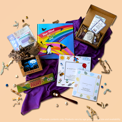 3-5 Year kids curated gift bundle of a 2-scoop order showing eco-friendly playdough, eco-friendly playdough tools from Kinfolk Pantry, story book from Loose Parts Press, potion kit from The Little Potion Co, small bioplastic truck from Jiggle & Giggle, play silk from Play Silkies, Mindful colouring book and worry stones from Mindful & Co. Kids, and watercolour paints from Honeysticks.
