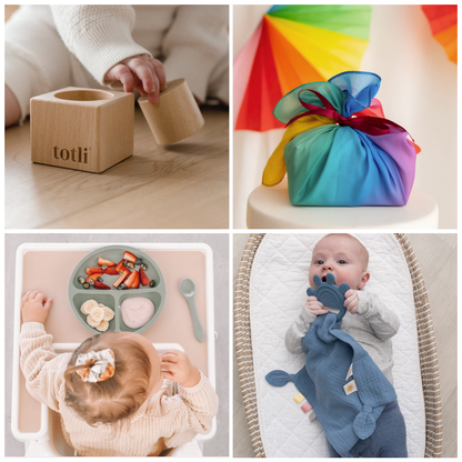 A four-panel collage showing baby and toddler products in use: the pincer puzzle from Totli, a rainbow-colored play silk from Play Silkies, a baby feeding scene featuring a Silicone Plate and Fork Set from My Little Giggles, and a baby lying on a bassinet holding a blue teether comfort blanket from Living Textiles.
