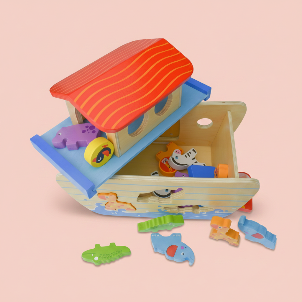 A colorful wooden Noah's Ark toy with animal figures and small sliding pieces, photographed on a solid peach-pink background.