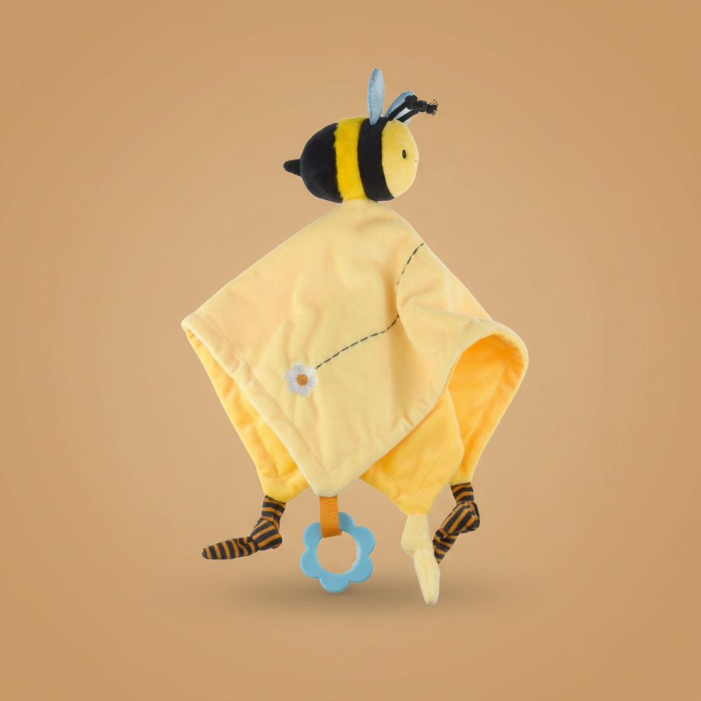 Yellow bee-themed baby comfort blanket with a teether on a warm caramel background.