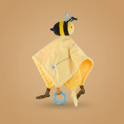 Yellow bee-themed baby comfort blanket with a teether on a warm caramel background.