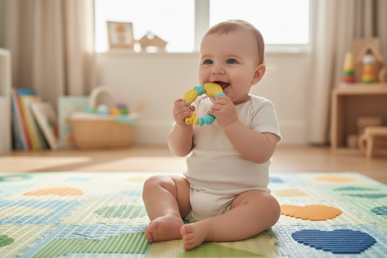 A baby grasping a silicone teether on a soft play mat