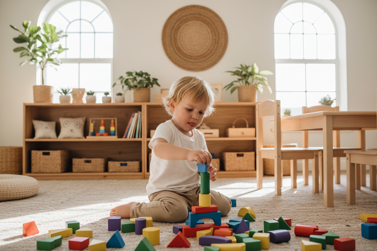 A child stacking wooden blocks 