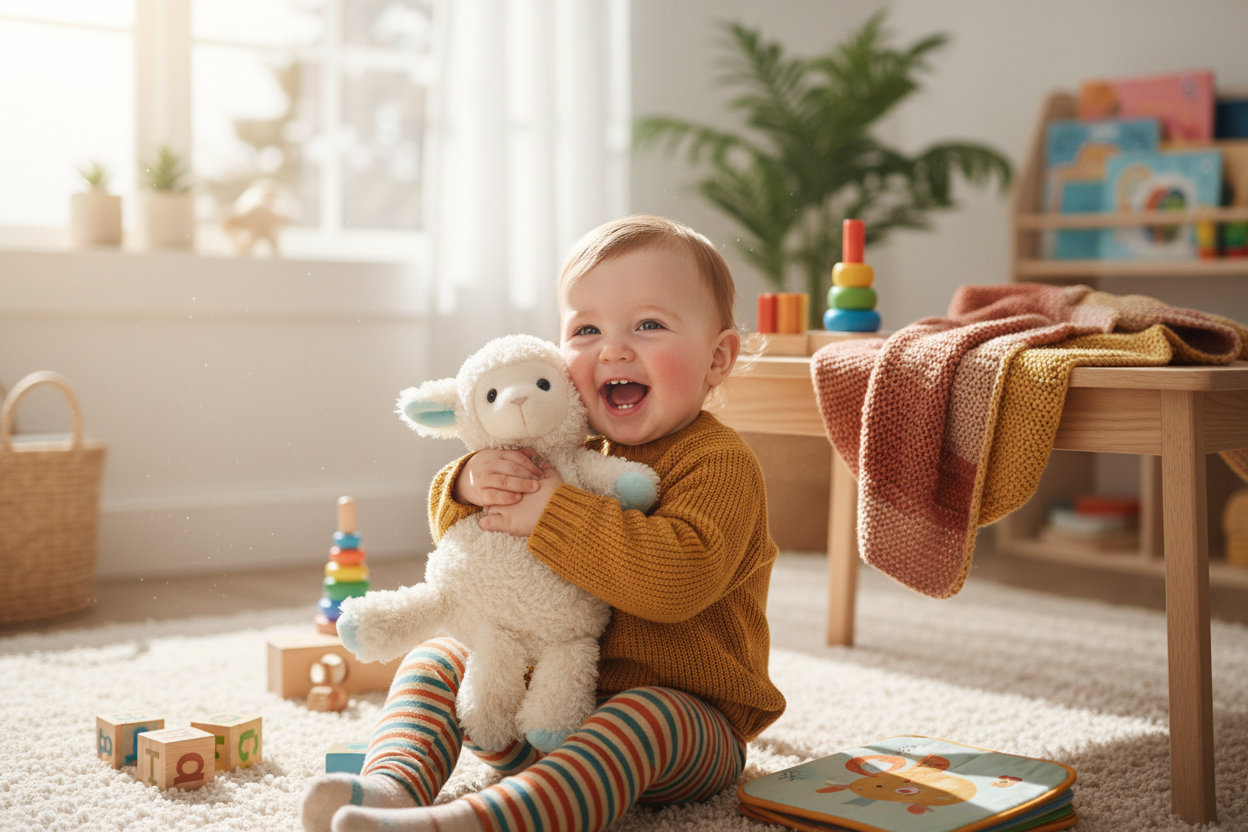 A toddler hugging a small plush animal during play